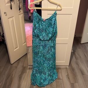 Elegant strapless Blue Patterned Maxi Dress